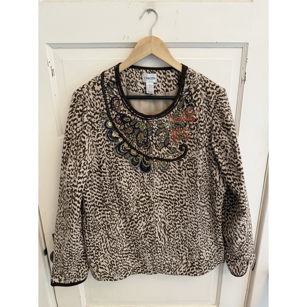 CHICO'S Leopard Print Sequined Embroidery Animal Print Jacket Size 2‎ Large